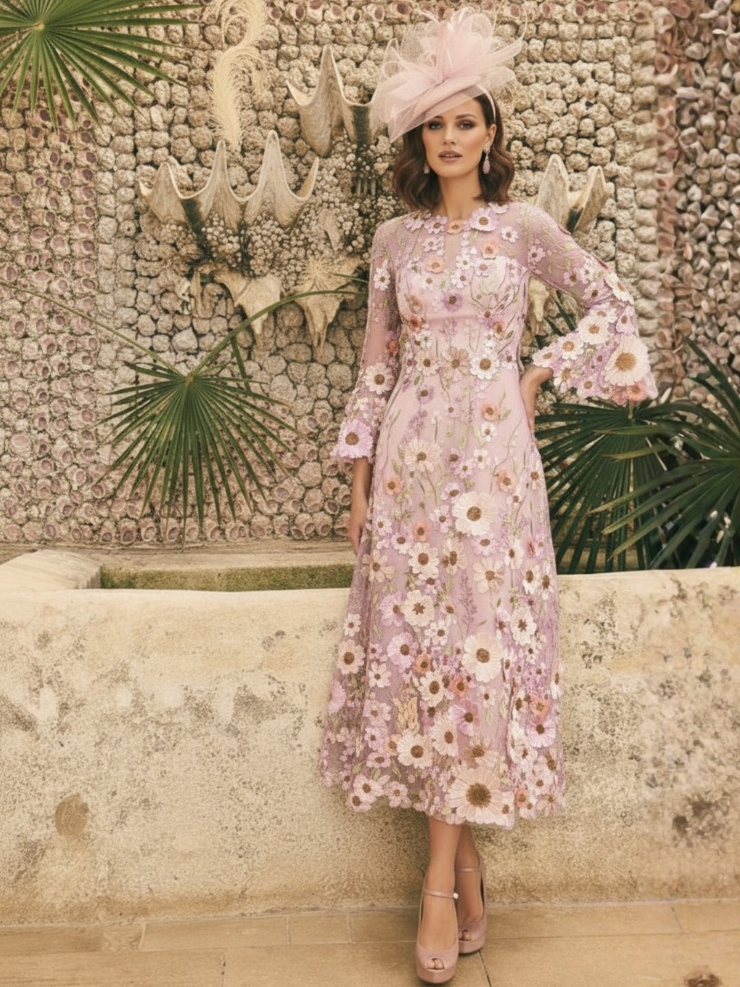 Robe mère de la mariée ligne A, col rond, manches longues, longueur midi, appliques