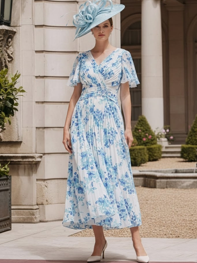 Robe mère de la mariée, Ligne A/Princesse, Col en V, Mousseline, Manches Courtes, Longueur du Thé, Florale
