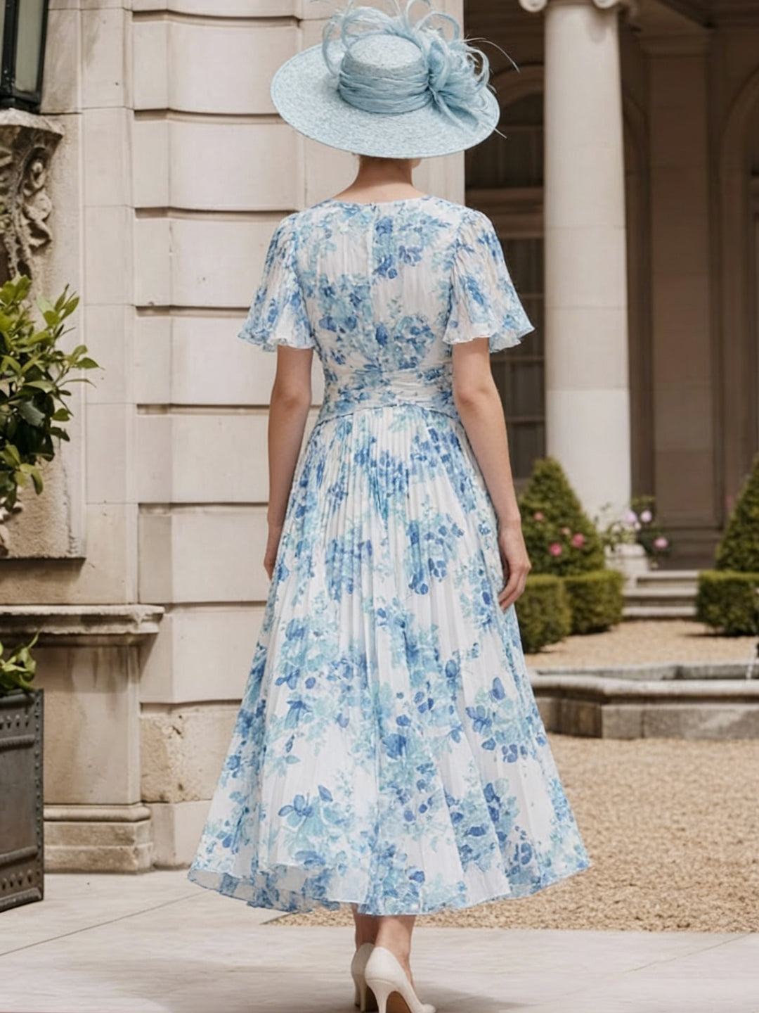 Robe mère de la mariée, Ligne A/Princesse, Col en V, Mousseline, Manches Courtes, Longueur du Thé, Florale