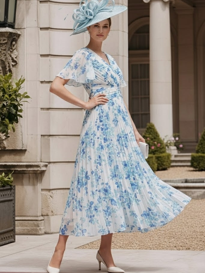 Robe mère de la mariée, Ligne A/Princesse, Col en V, Mousseline, Manches Courtes, Longueur du Thé, Florale
