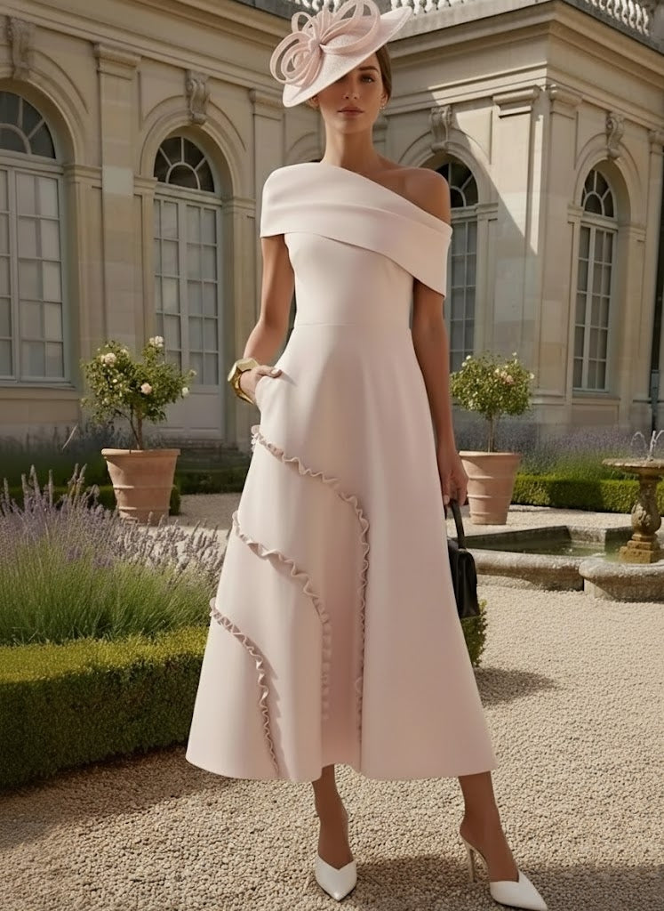 Robes pour mère de la mariée, coupe A ou princesse, une épaule dénudée, satin stretch, longueur thé, sans manches