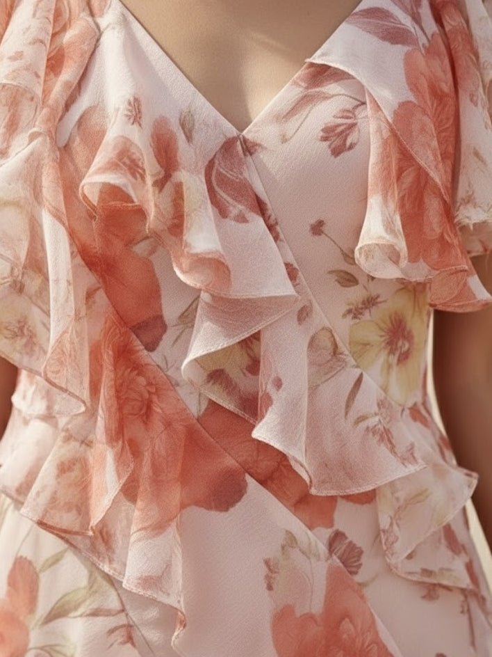 Robe Mère de la Mariée, Ligne A/Princesse, Col en V, Mousseline, Manches Courtes, Longueur de la Cheville, Florale, Volants