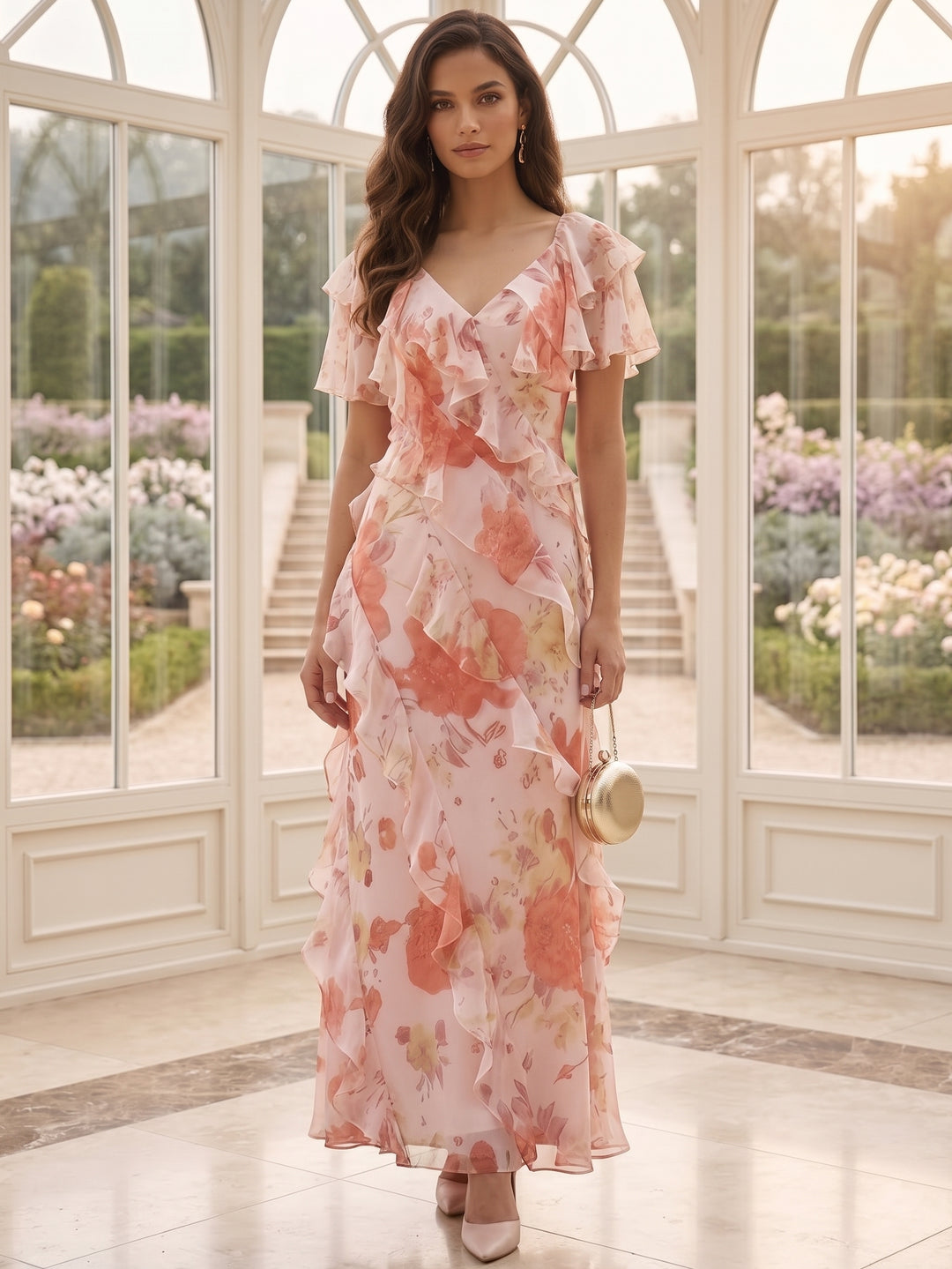 Robe Mère de la Mariée, Ligne A/Princesse, Col en V, Mousseline, Manches Courtes, Longueur de la Cheville, Florale, Volants