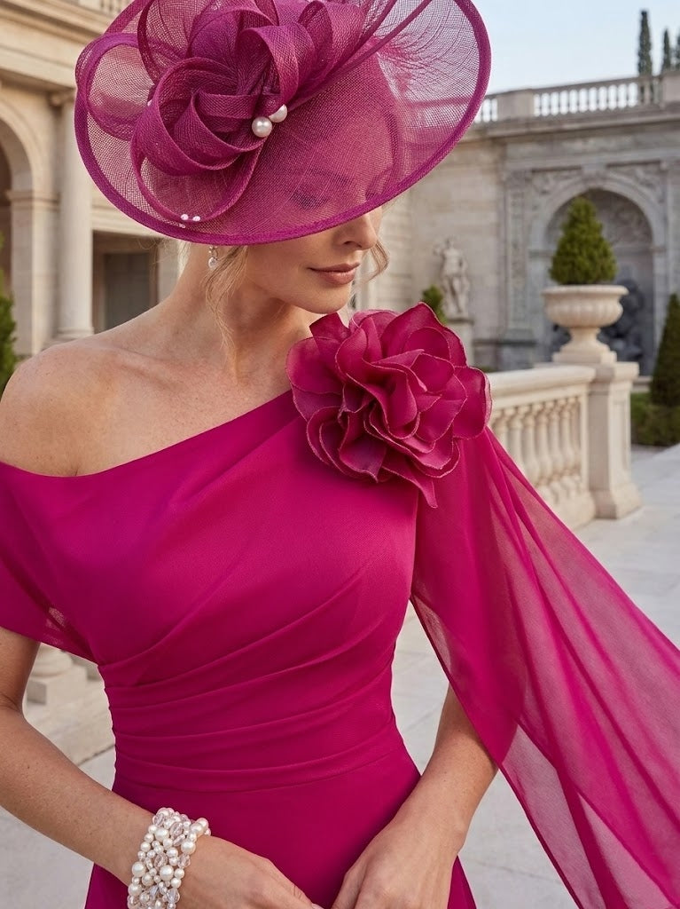 Robes pour mère de la mariée, coupe A ou princesse, une épaule dénudée, en mousseline, longueur cheville, sans manches, asymétriques, avec fleurs 3D