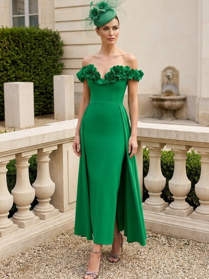 Robe Gaine/Colonne, Hors de l'Épaule, Satin extensible, pour mère de la mariée, longueur de la cheville,Sans manches,Avec 3D Fleurs