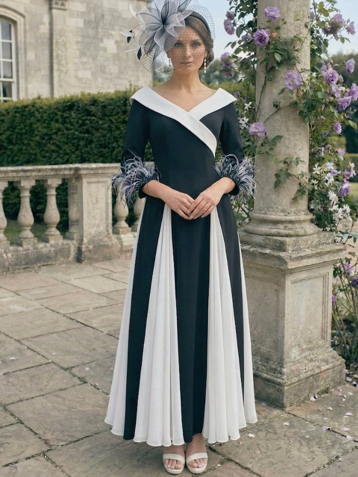 Robe ligne A/princesse, Col en V, pour mère de la mariée, longueur de la cheville, manches 3/4,Plissé
