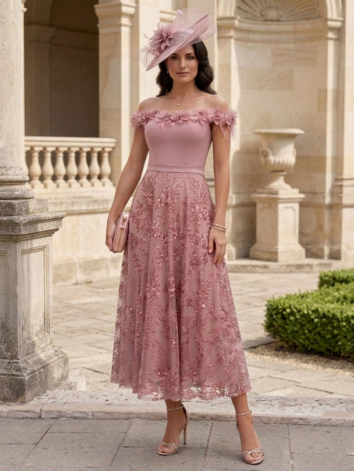 Robes pour mère de la mariée, Ligne A/Princesse, Hors de l'épaule, Dentelle, 3D Fleurs, Sans Manches, Florale, Longueur du Thé