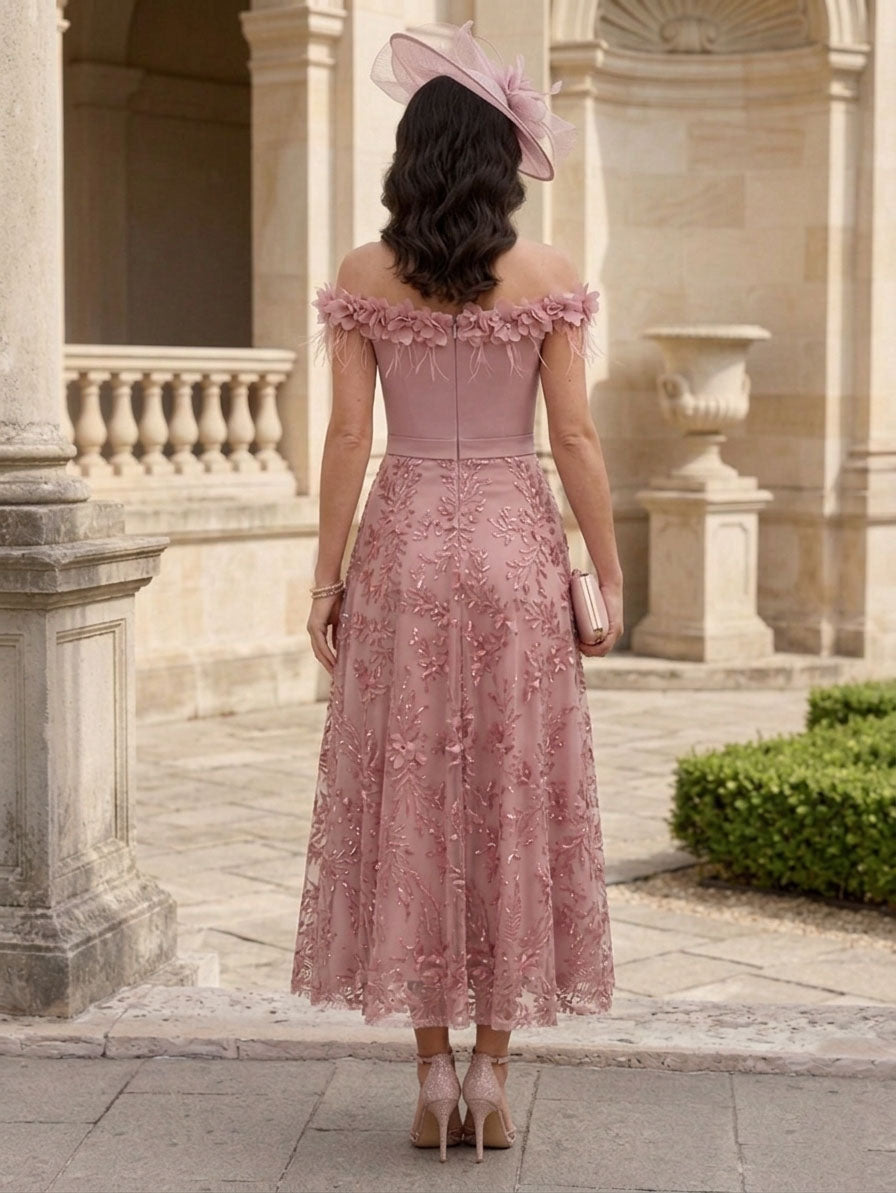 Robes pour mère de la mariée, Ligne A/Princesse, Hors de l'épaule, Dentelle, 3D Fleurs, Sans Manches, Florale, Longueur du Thé