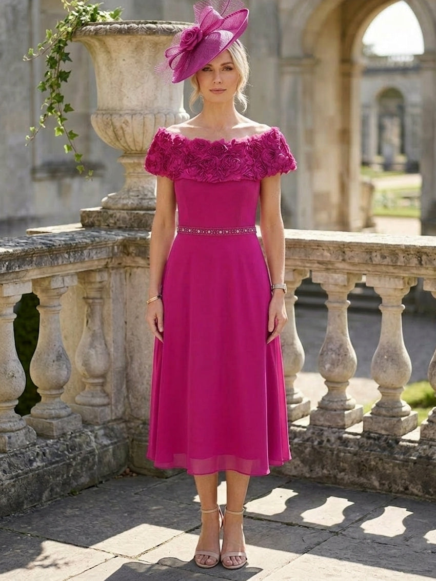 Robe Mère de la Mariée, Ligne A/Princesse, Hors de l'Épaule, Mousseline, Sans Manches, Longueur du Thé, avec Fleurs 3D