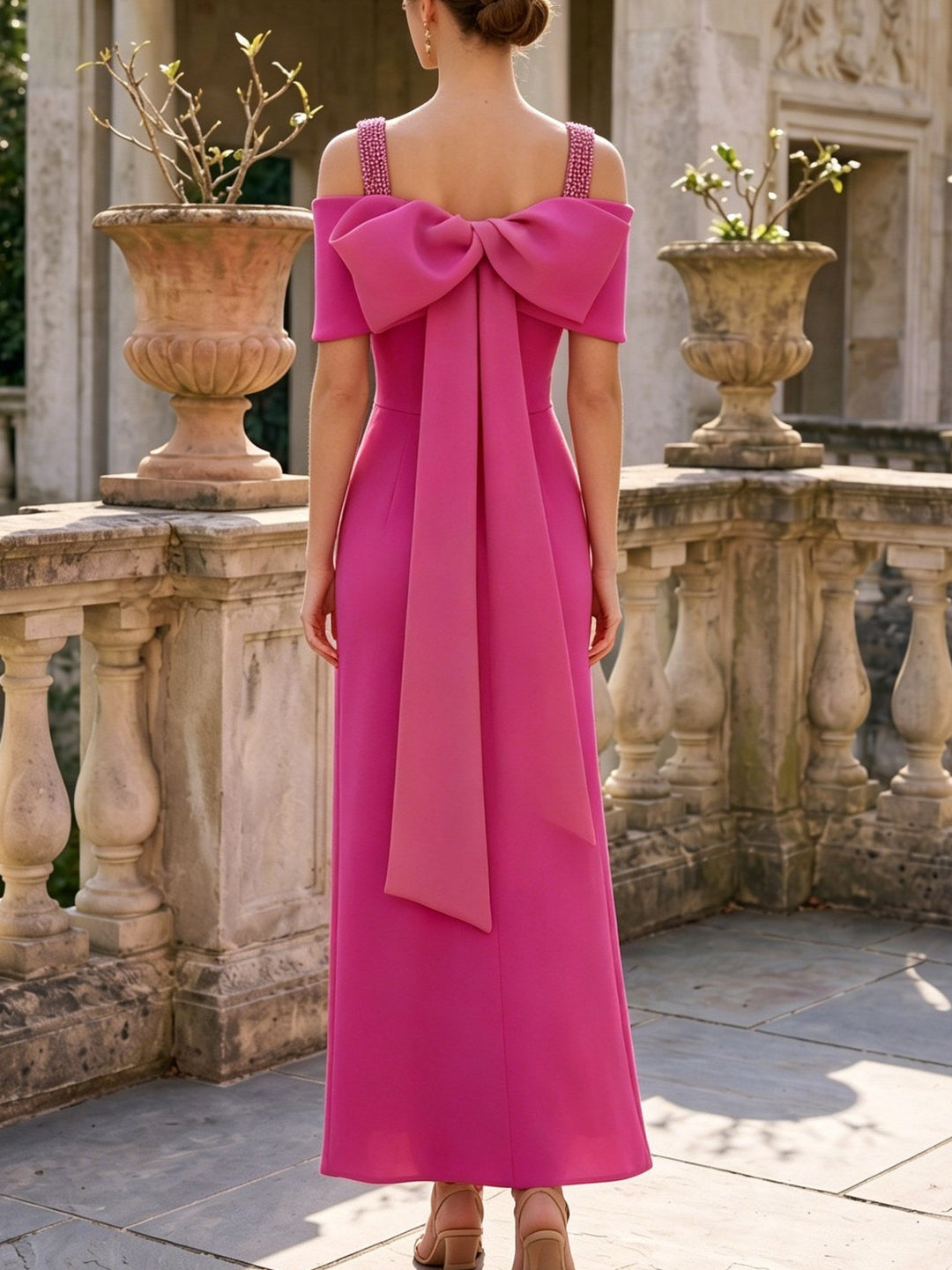 Robe Mère de la Mariée, Ligne A/Princesse, Hors de l'Épaules, Satin Élastique, Longueur de la Cheville, Sans Manches, avec Nœud Papillon