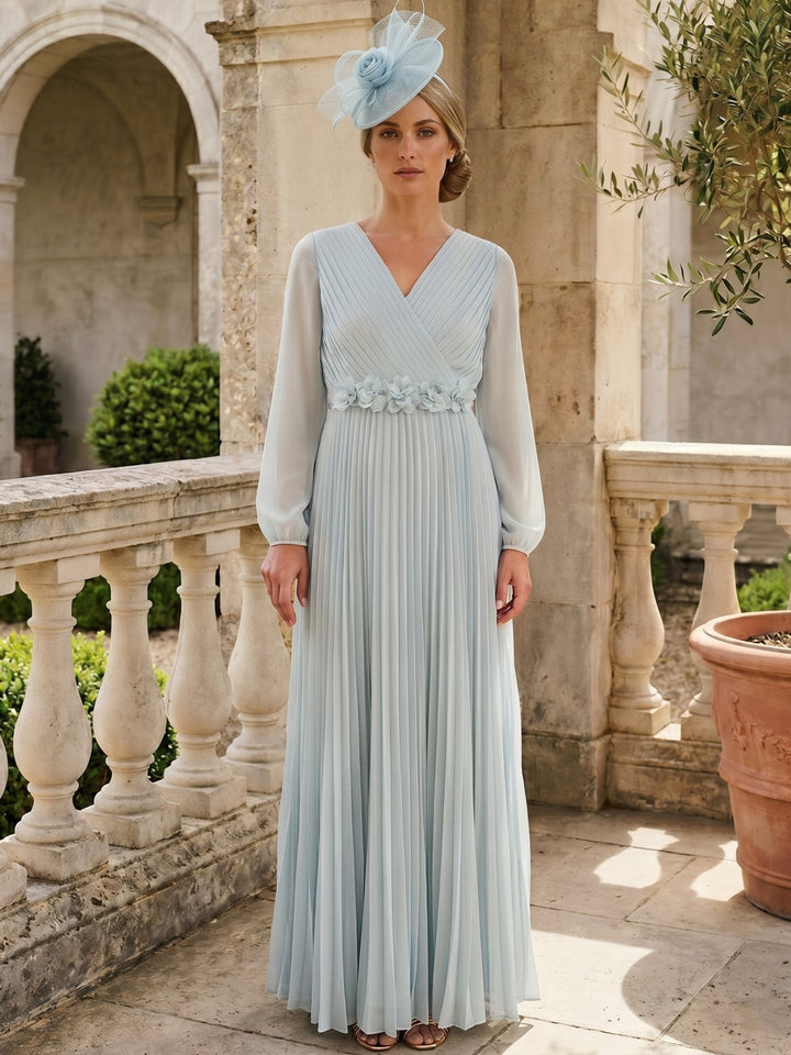 Robe Mère de la Mariée, Ligne A/Princesse, Col en V, Mousseline, Manches Longues, Longueur du Sol, Plissée avec Fleurs 3D