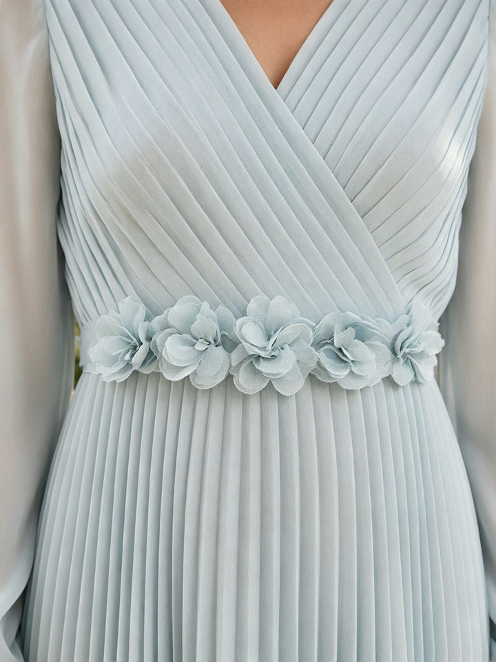 Robe Mère de la Mariée, Ligne A/Princesse, Col en V, Mousseline, Manches Longues, Longueur du Sol, Plissée avec Fleurs 3D
