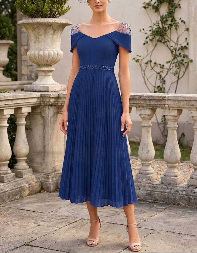 Robe Mère de la Mariée,Ligne A/Princesse, Col Carré, Mousseline, Sans Manches, Longueur du Thé, à Volants