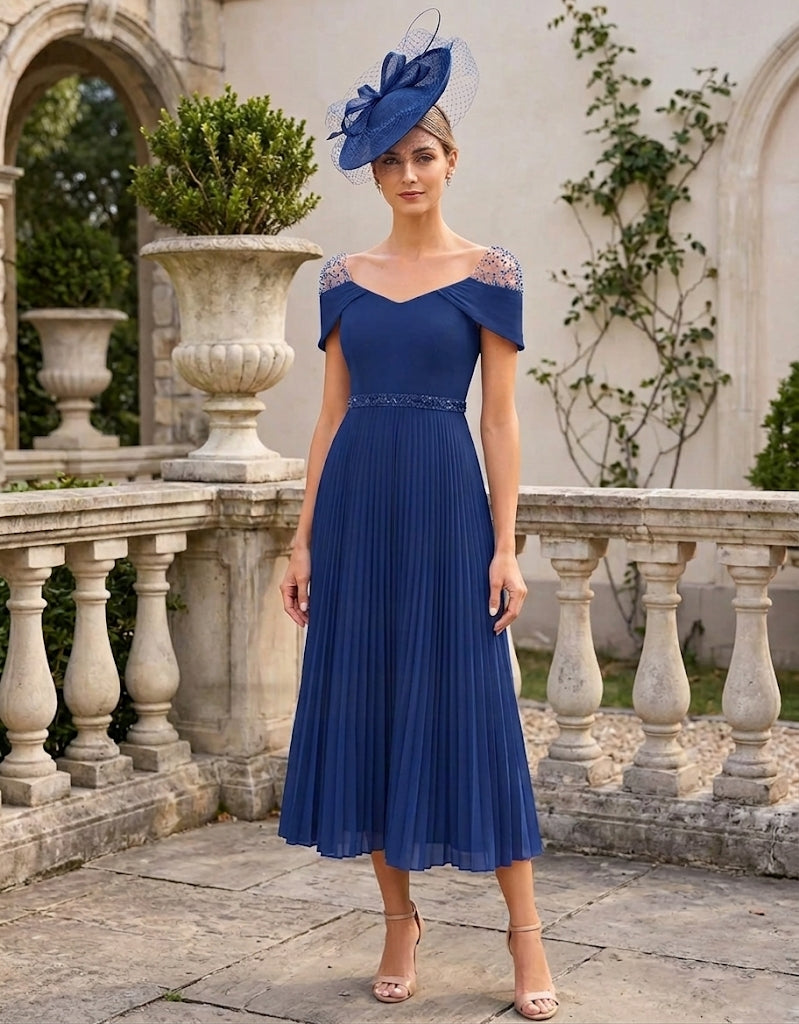 Robe Mère de la Mariée,Ligne A/Princesse, Col Carré, Mousseline, Sans Manches, Longueur du Thé, à Volants
