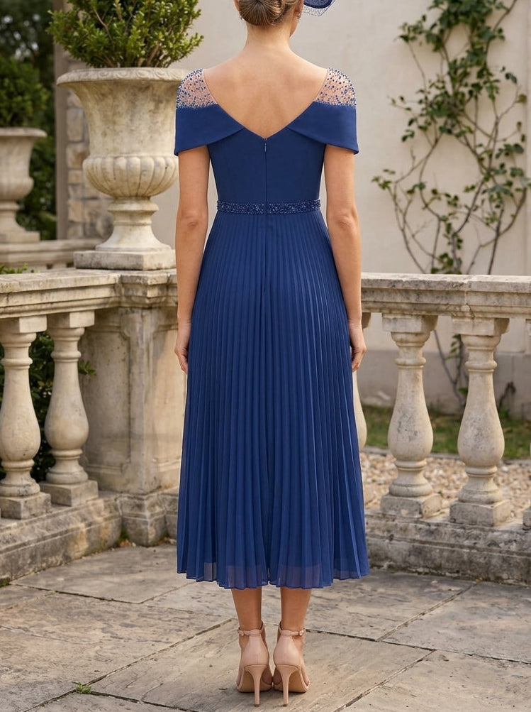 Robe Mère de la Mariée,Ligne A/Princesse, Col Carré, Mousseline, Sans Manches, Longueur du Thé, à Volants