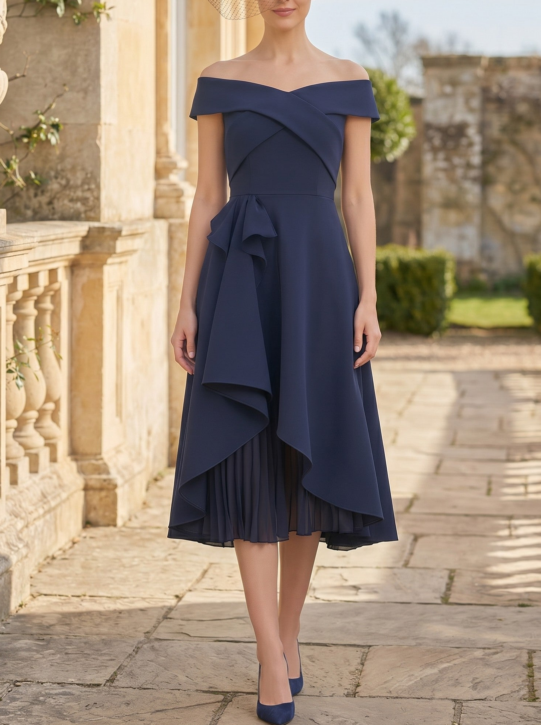 Robe Mère de la Mariée, Ligne A/Princesse, Hors de l' Épaules, Sans Manches, Longueur du Thé, à Volants
