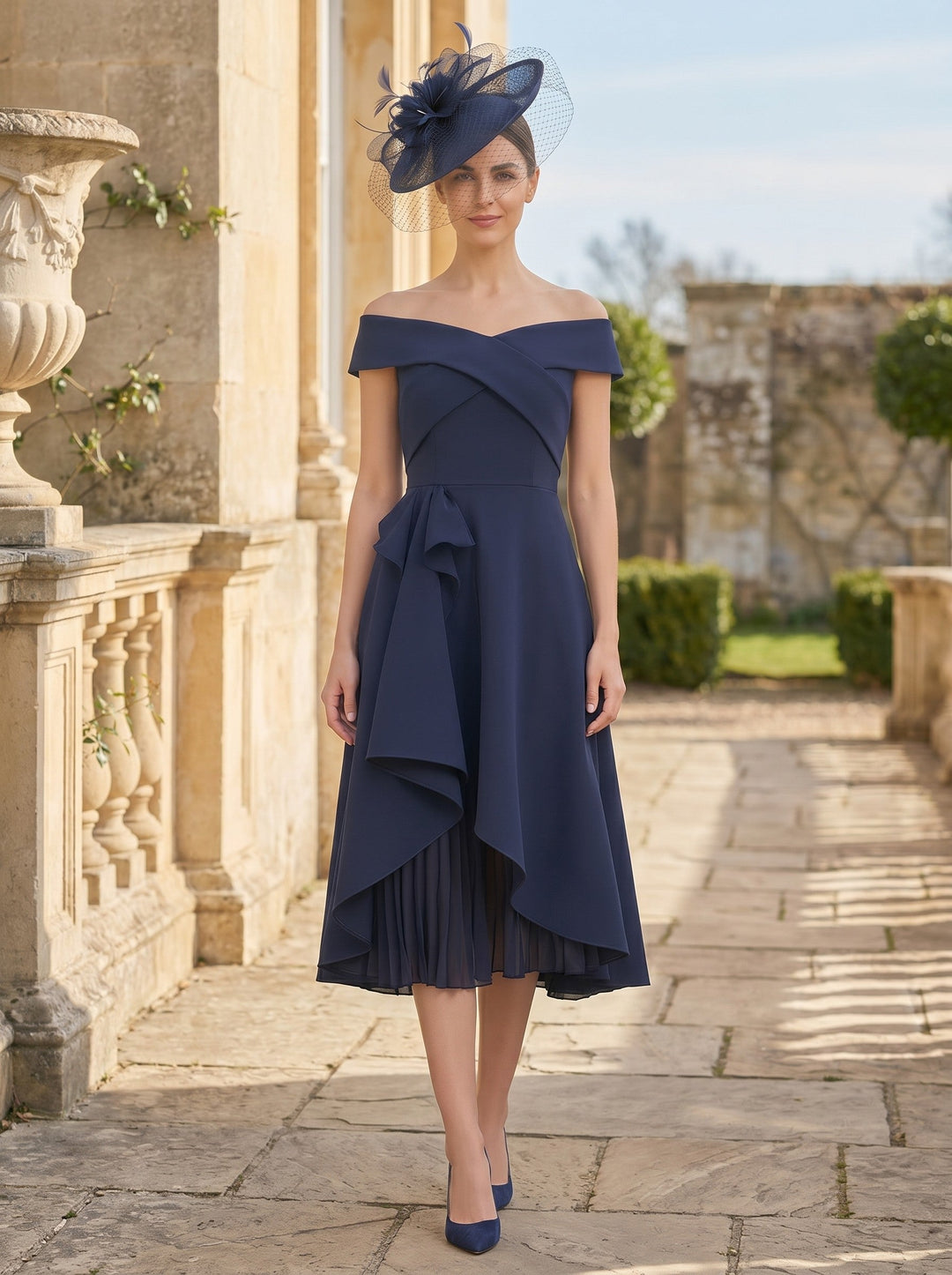 Robe Mère de la Mariée, Ligne A/Princesse, Hors de l' Épaules, Sans Manches, Longueur du Thé, à Volants