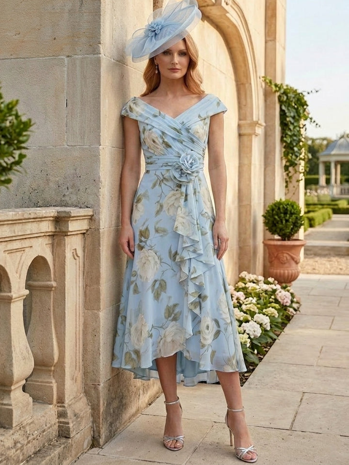 Robes pour mère de la mariée, Gaine/Colonne, Col en V, Mousseline, Florale, Manches Courtes, Longueur du Thé