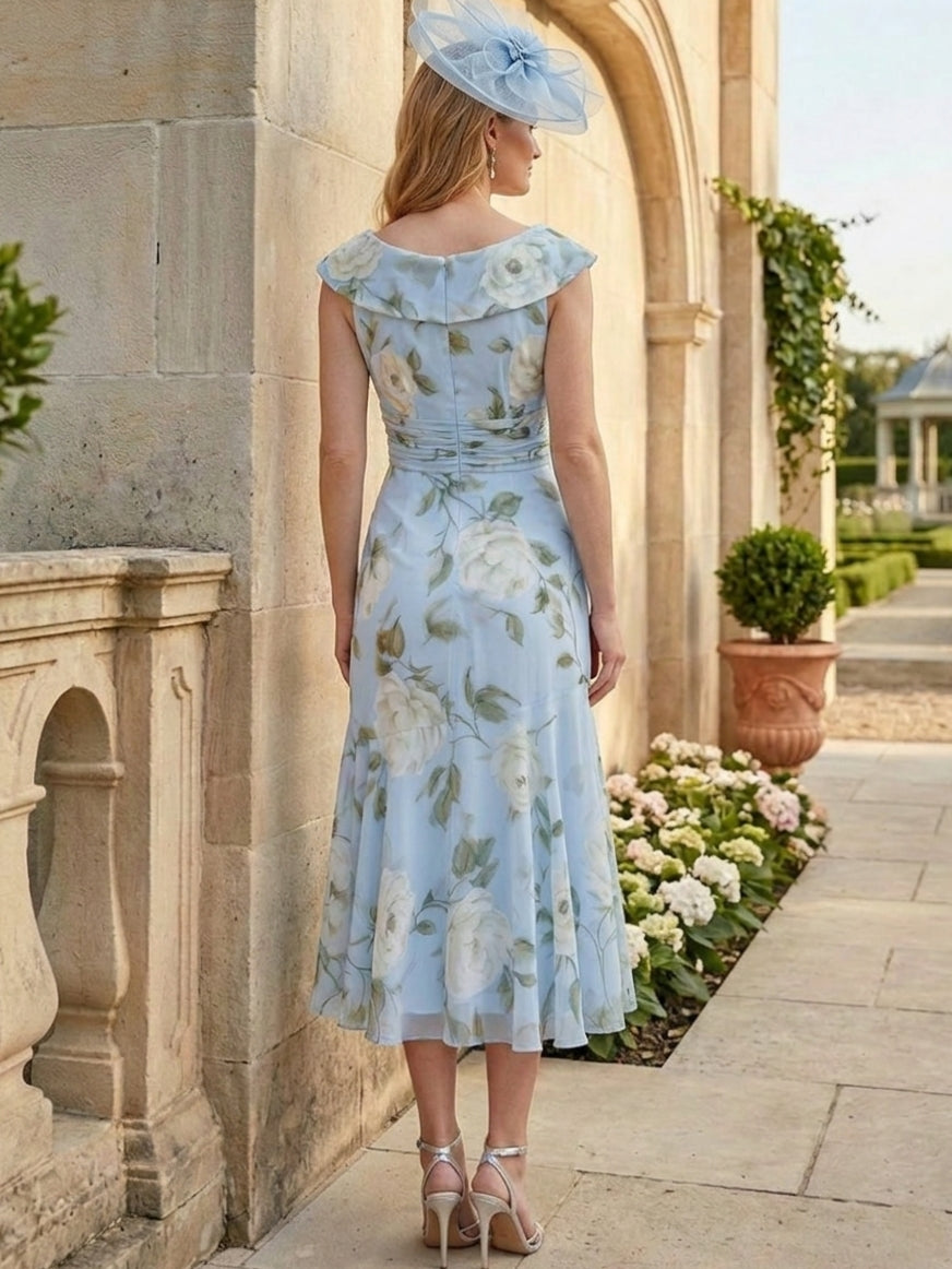 Robes pour mère de la mariée, Gaine/Colonne, Col en V, Mousseline, Florale, Manches Courtes, Longueur du Thé