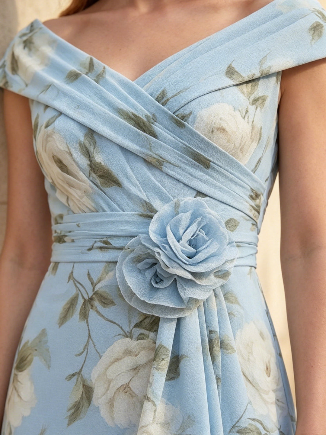 Robes pour mère de la mariée, Gaine/Colonne, Col en V, Mousseline, Florale, Manches Courtes, Longueur du Thé