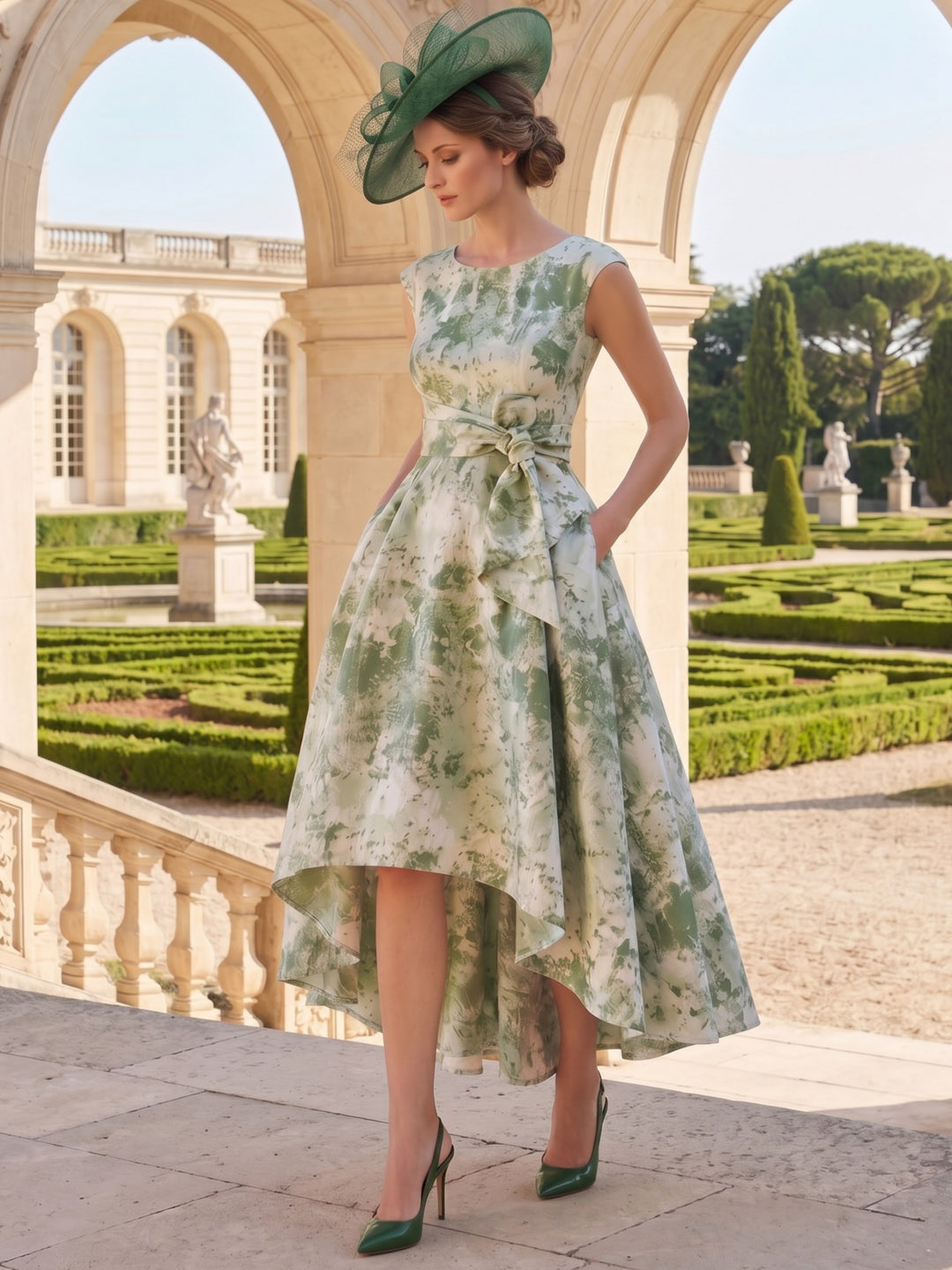 Robe mère de la mariée, Ligne A/Princesse, Col Rond, Jacquard, Sans Manches, Longueur Midi, Florale