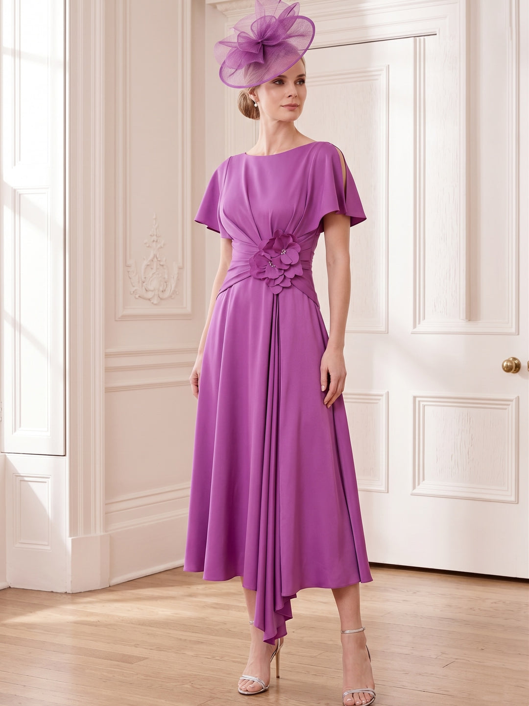 Robe Mère de la Mariée, Ligne A, Col Rond, Longueur Midi à Fleurs 3D, Manches Courtes, Satin Élastique