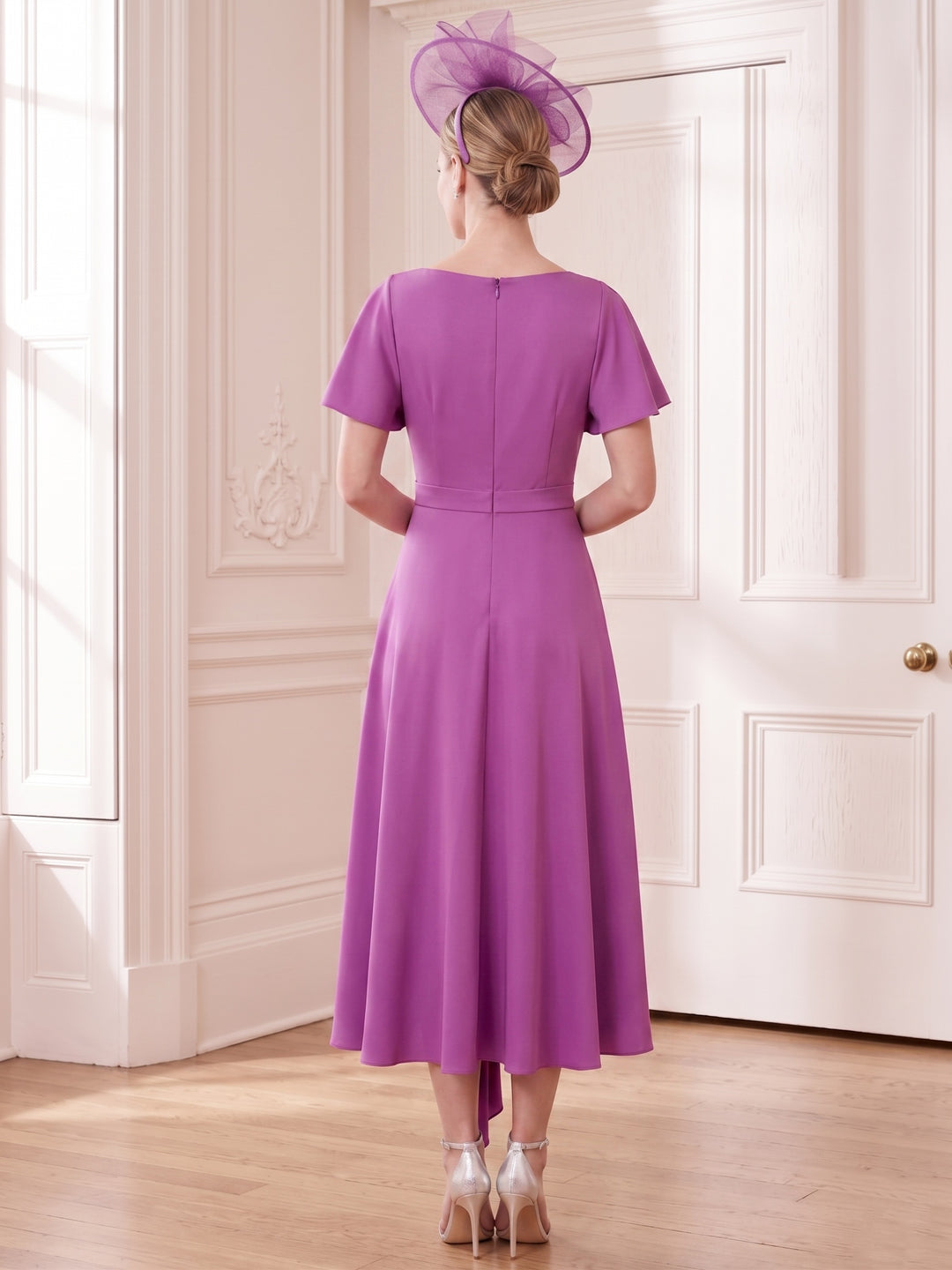Robe Mère de la Mariée, Ligne A, Col Rond, Longueur Midi à Fleurs 3D, Manches Courtes, Satin Élastique