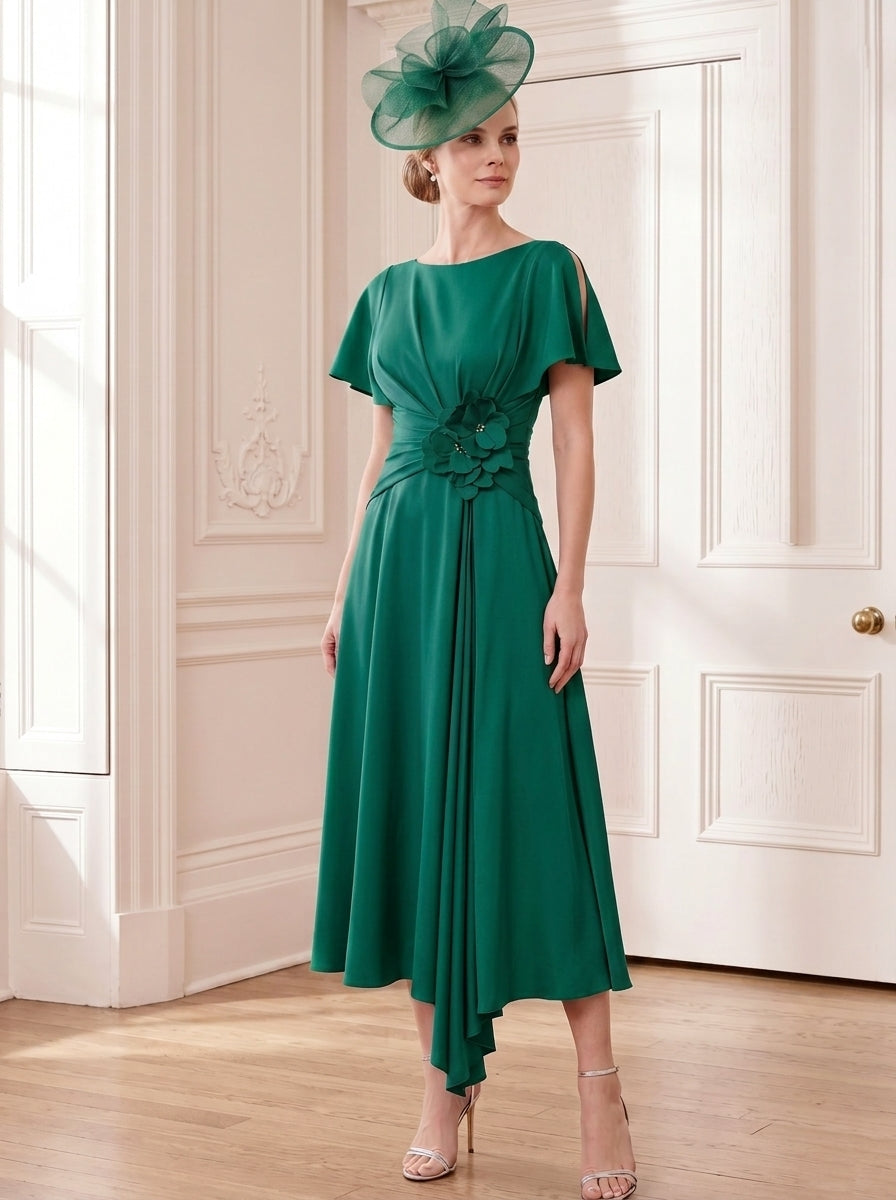 Robe Mère de la Mariée, Ligne A, Col Rond, Longueur Midi à Fleurs 3D, Manches Courtes, Satin Élastique