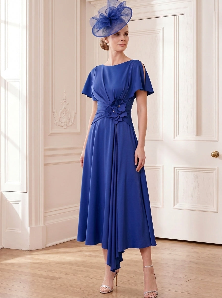 Robe Mère de la Mariée, Ligne A, Col Rond, Longueur Midi à Fleurs 3D, Manches Courtes, Satin Élastique