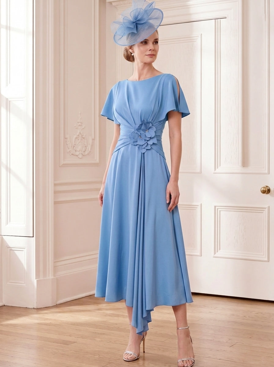 Robe Mère de la Mariée, Ligne A, Col Rond, Longueur Midi à Fleurs 3D, Manches Courtes, Satin Élastique