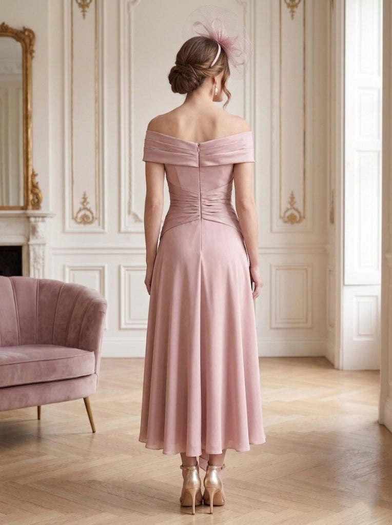 Robe Mère de la Mariée, Ligne A/Princesse, Hors de l'épaule, Longueur Midi à Fleurs 3D, Sans Manches, Satin Élastique