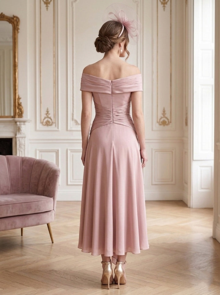 Robe Mère de la Mariée, Ligne A/Princesse, Hors de l'épaule, Longueur Midi à Fleurs 3D, Sans Manches, Satin Élastique