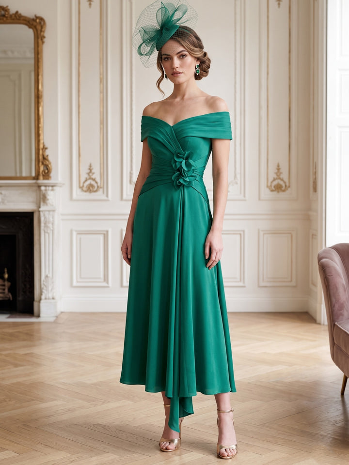 Robe Mère de la Mariée, Ligne A/Princesse, Hors de l'épaule, Longueur Midi à Fleurs 3D, Sans Manches, Satin Élastique