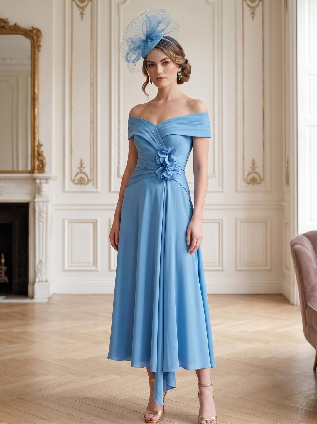 Robe Mère de la Mariée, Ligne A/Princesse, Hors de l'épaule, Longueur Midi à Fleurs 3D, Sans Manches, Satin Élastique