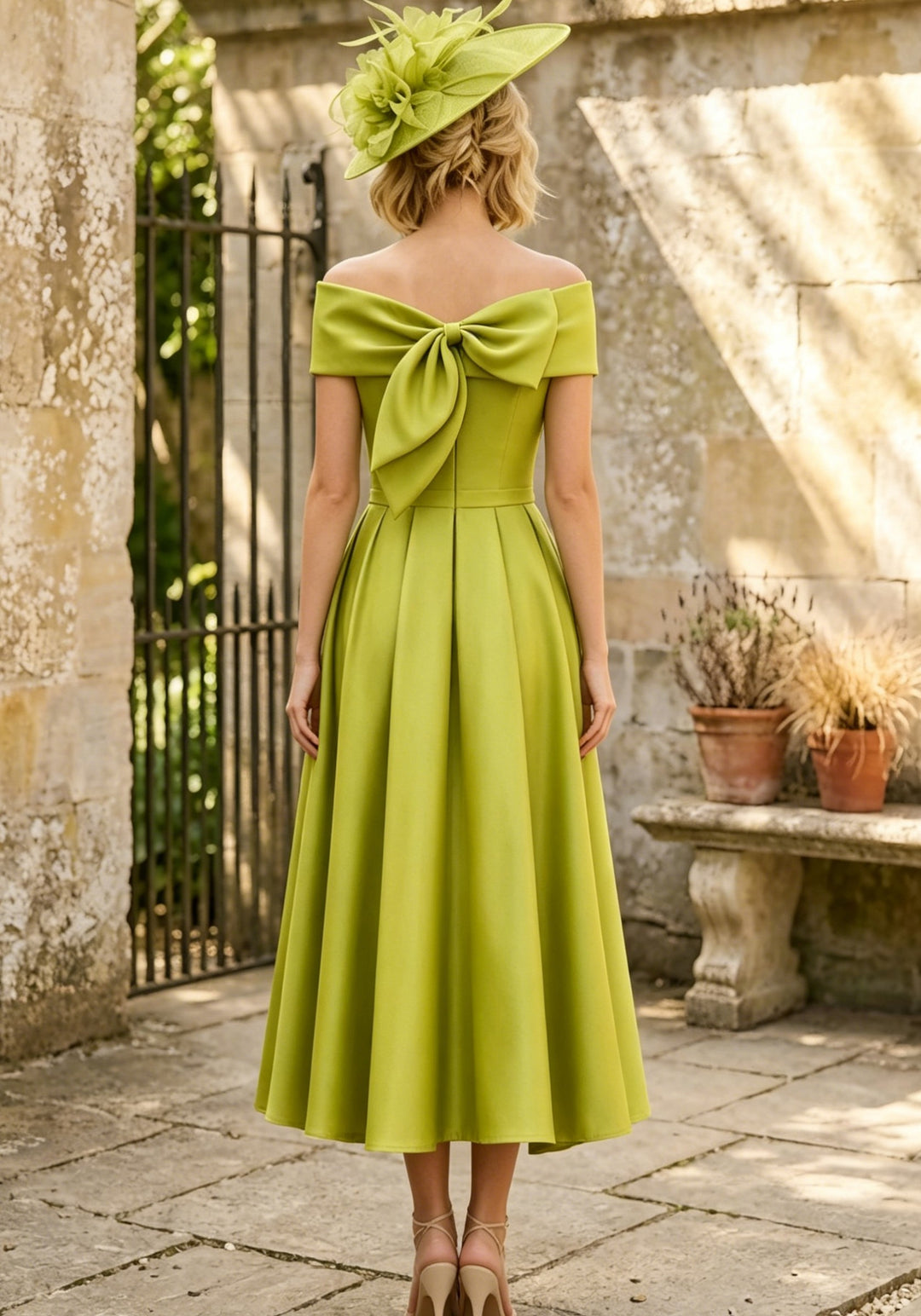 Robe mère de la mariée, Ligne A/Princesse, Hors de l'épaule, Satin, Sans Manches, Longueur Midi, Volants&Nœud Papillon