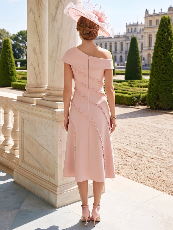 Robe pour Mère de la Mariée Ligne A/Princesse Une Épaule Nue en Satin Élastique Longueur Midi Sans Manches
