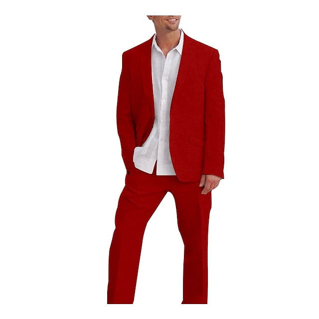 Costumes 2 Pièces en Lin de Couleur Unie à Simple Boutonnage et Deux Boutons pour Hommes, Coupe Ajustée