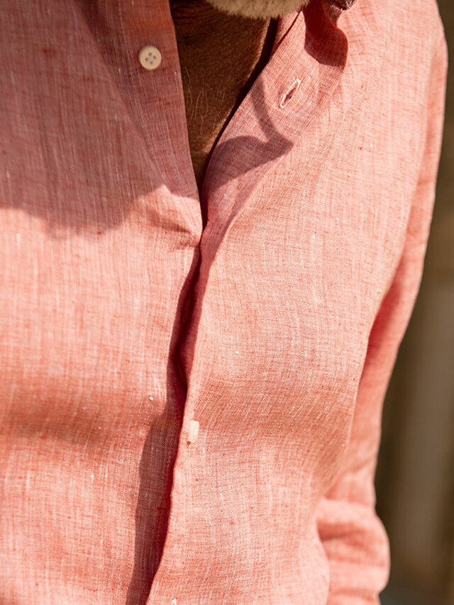 Chemise décontractée en coton et lin à manches longues de couleur unie pour hommes