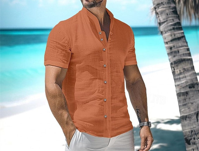 Chemise décontractée en coton et lin à manches courtes de couleur unie pour hommes