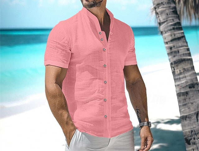 Chemise décontractée en coton et lin à manches courtes de couleur unie pour hommes