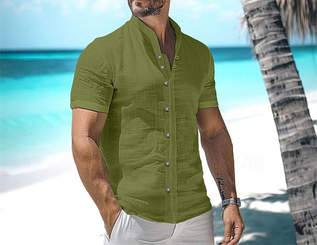 Chemise décontractée en coton et lin à manches courtes de couleur unie pour hommes