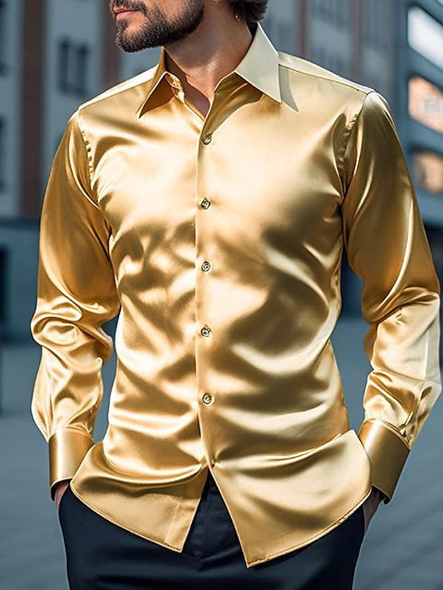 Chemise de couleur unie à manches longues en mélange de polyester pour hommes