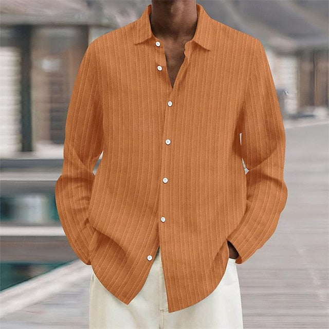 Chemise décontractée à manches longues en polyester pour hommes, couleur unie