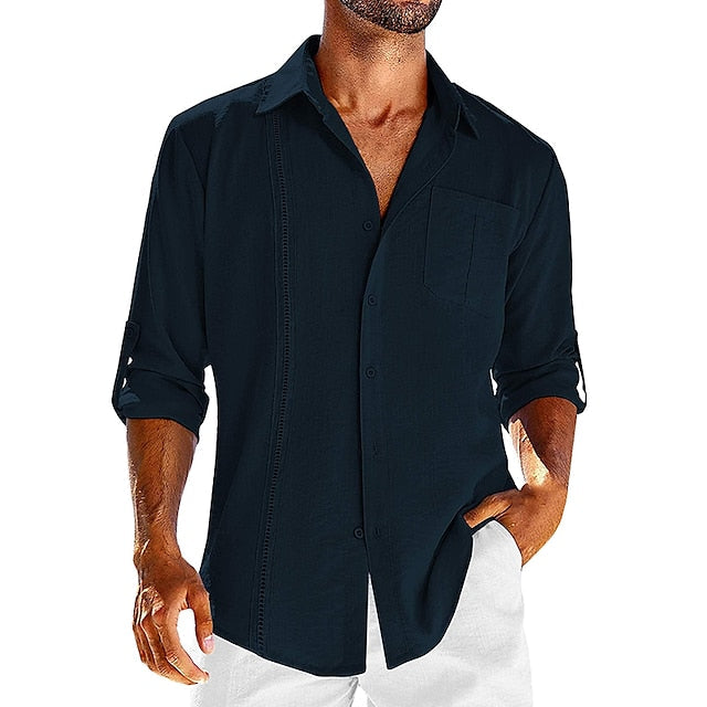 Chemise décontractée en coton et lin à manches longues de couleur unie pour hommes