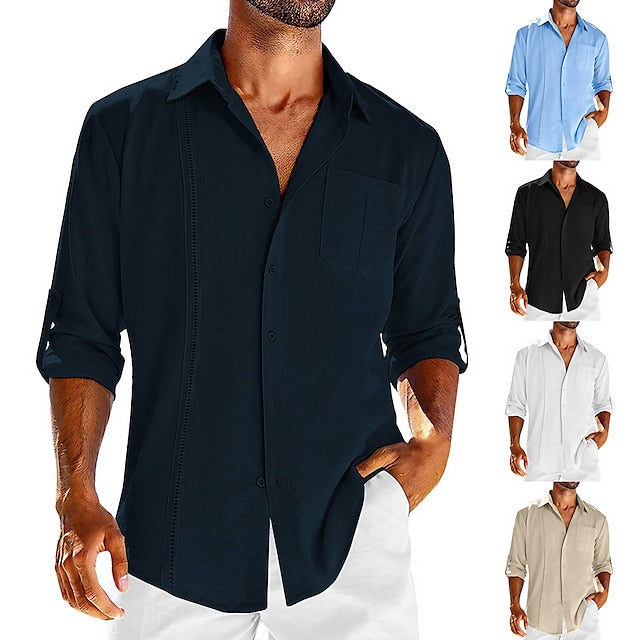 Chemise décontractée en coton et lin à manches longues de couleur unie pour hommes