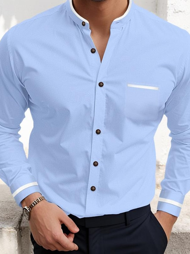 Chemise décontractée à manches longues en coton mélangé pour hommes, couleur unie