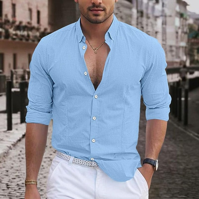 Chemise décontractée en coton et lin à manches longues de couleur unie pour hommes