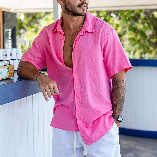 Chemise décontractée en coton et lin à manches courtes de couleur unie pour hommes