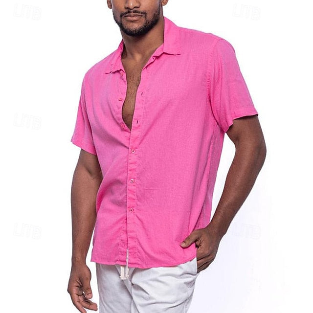 Chemise décontractée en coton et lin à manches courtes de couleur unie pour hommes