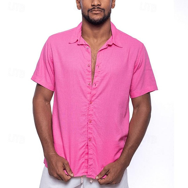 Chemise décontractée en coton et lin à manches courtes de couleur unie pour hommes